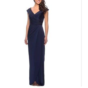 La Femme Deep Blue Off Shoulder Floor Length Column Gown, size 8, NWOT